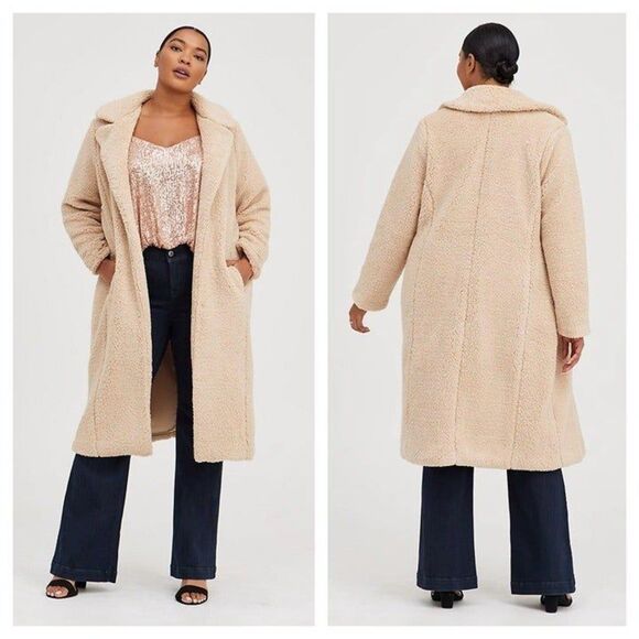 Torrid Beige Faux Fur Open Front Longline Teddy Coat - Picture 2 of 3